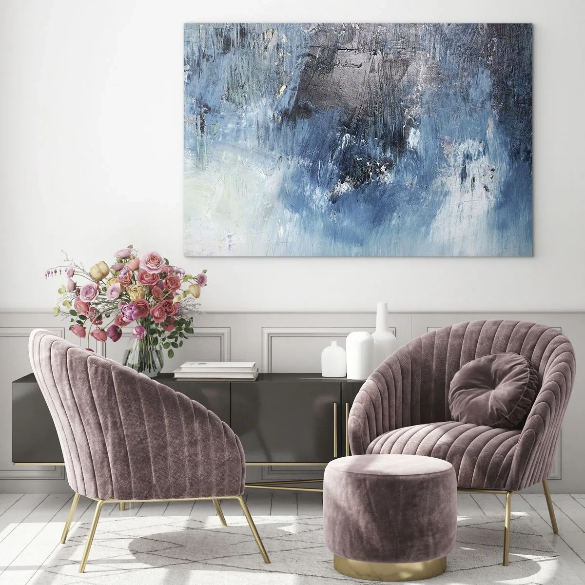 Glastavla - Bild på glas - Abstrakt komposition i nyanser av blått - 70x50cm - Blå rapsodi - Modern väggdekoration för vardagsrum och sovrum ARTTOR