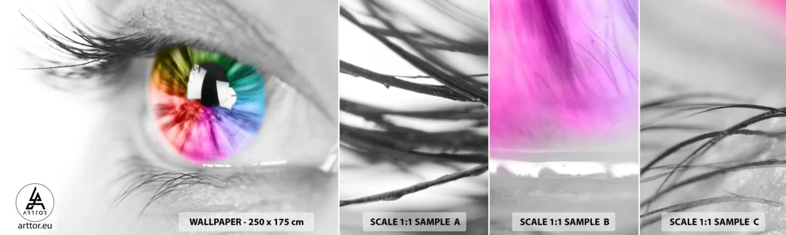 Provbit av självhäftande fototapet Deluxe Sticker - Se färgglatt på världen - Abstraktion, Färgglada öga, 3D - 100x30 cm