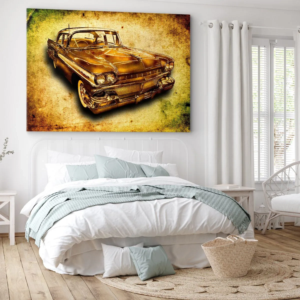 Canvastavla - Bild på duk - En gyllene klassisk retrobil på en vintagebakgrund med en åldrad effekt. - 70x50cm - Klassikens eviga skönhet - Modern väggdekoration för vardagsrum och sovrum ARTTOR