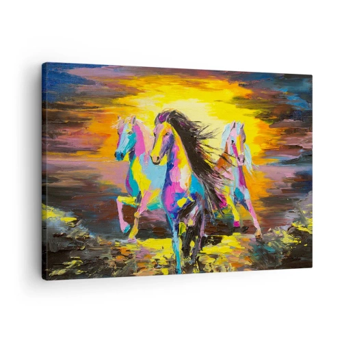 Canvastavla - Bild på duk - Färgglada hästar galopperar mot bakgrund av den nedgående solen - 70x50cm - Doppade i regnbågen - Modern väggdekoration för vardagsrum och sovrum ARTTOR