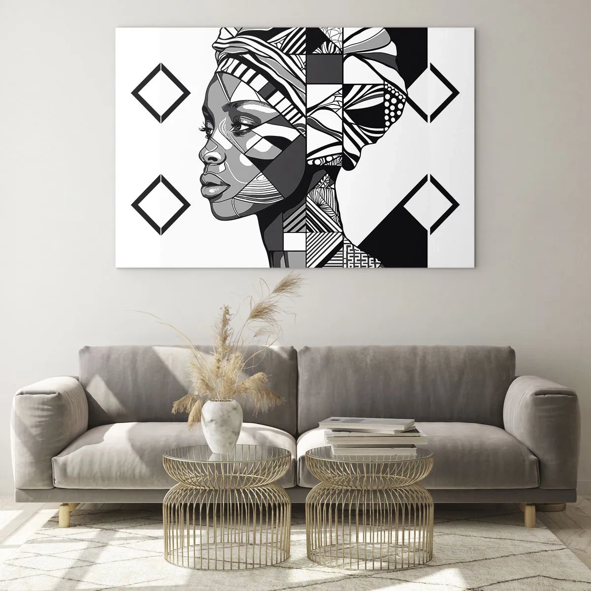 Glastavla - Bild på glas - Svartvitt etniskt porträtt av en kvinna med geometriska mönster - 70x50cm - Etniskt porträtt - Modern väggdekoration för vardagsrum och sovrum ARTTOR
