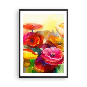 Affisch i svart ram - Färgglada vallmo på en abstrakt bakgrund - 50x70cm - Inte bara rött - Modern väggdekoration för vardagsrum och sovrum ARTTOR