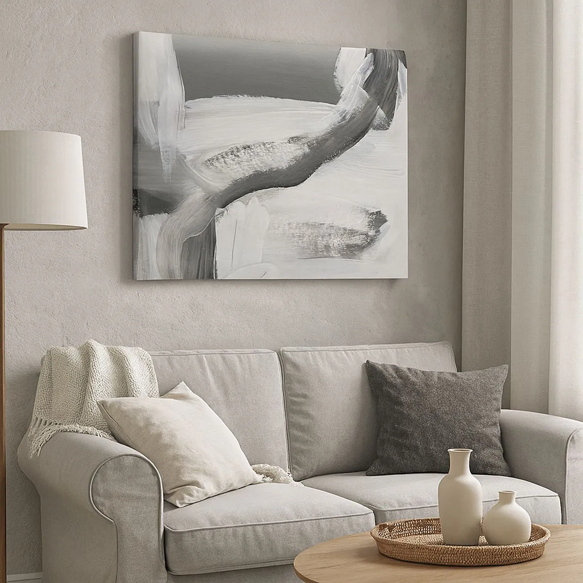 Canvastavla - Bild på duk - Grå och vit abstraktion med dynamiska linjer - 70x50cm - Med bestämd rörelse - Modern väggdekoration för vardagsrum och sovrum ARTTOR