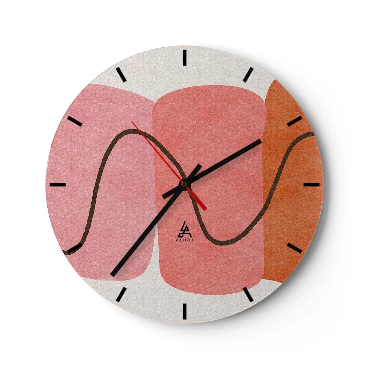 Väggklocka - Klocka på glas - Abstrakta former i nyanser av rosa och orange med vågiga linjer - 30x30cm - Formernas mjuka rörelse - Modern väggdekoration för vardagsrum, kök och sovrum ARTTOR