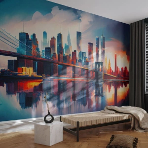 Fototapet Standard Eco - New York Citys silhuett med bro och reflektion i vatten vid solnedgången - 100x70cm - Fenomenala New York - Modern väggdekoration för vardagsrum och sovrum ARTTOR