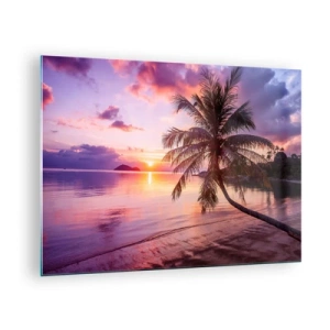Glastavla - Bild på glas - Exotisk strand med en palmträd vid solnedgången - 70x50cm - Lugnt enda fram till horisonten - Modern väggdekoration för vardagsrum och sovrum ARTTOR