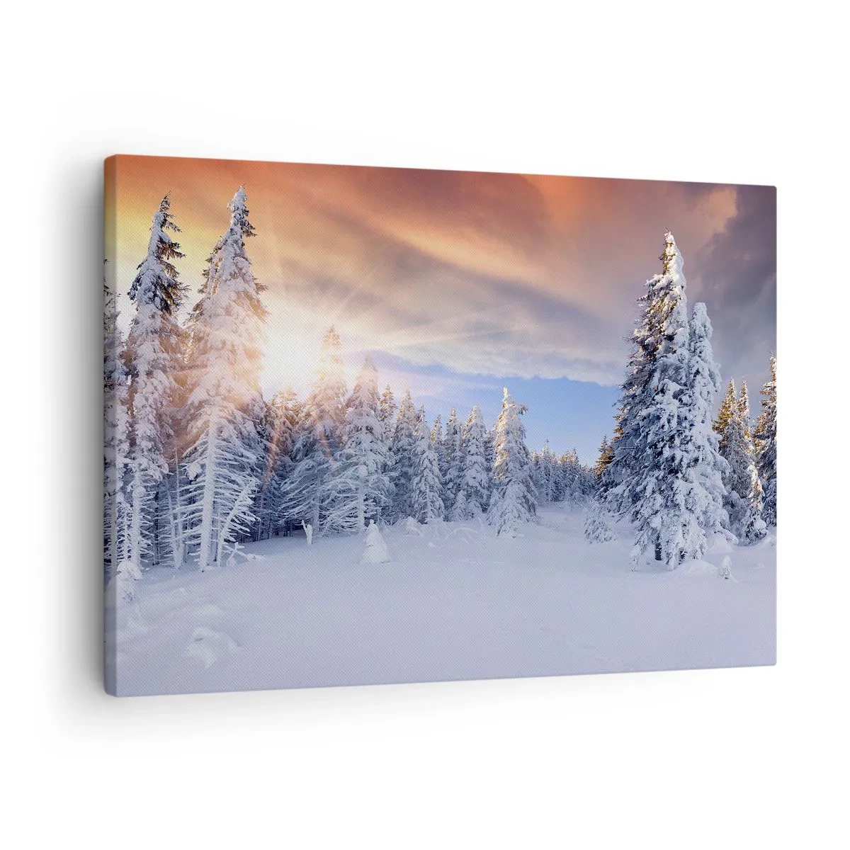 Canvastavla - Bild på duk - Vinterlandskap med en snötäckt skog vid solnedgången - 70x50cm - Naturens snöiga spel - Modern väggdekoration för vardagsrum och sovrum ARTTOR