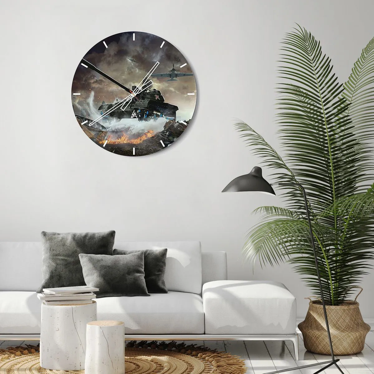 Väggklocka - Klocka på glas - Tankar och flygplan i aktion - 30x30cm - Slaget är hemskt och vackert - Modern väggdekoration för vardagsrum, kök och sovrum ARTTOR