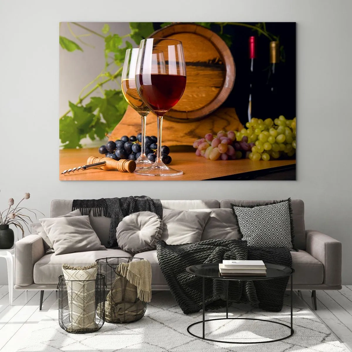 Glastavla - Bild på glas - Glas vin, druvor och ett fat mot en bakgrund av vinblad - 70x50cm - Som hos gamla mästare - Modern väggdekoration för vardagsrum och sovrum ARTTOR