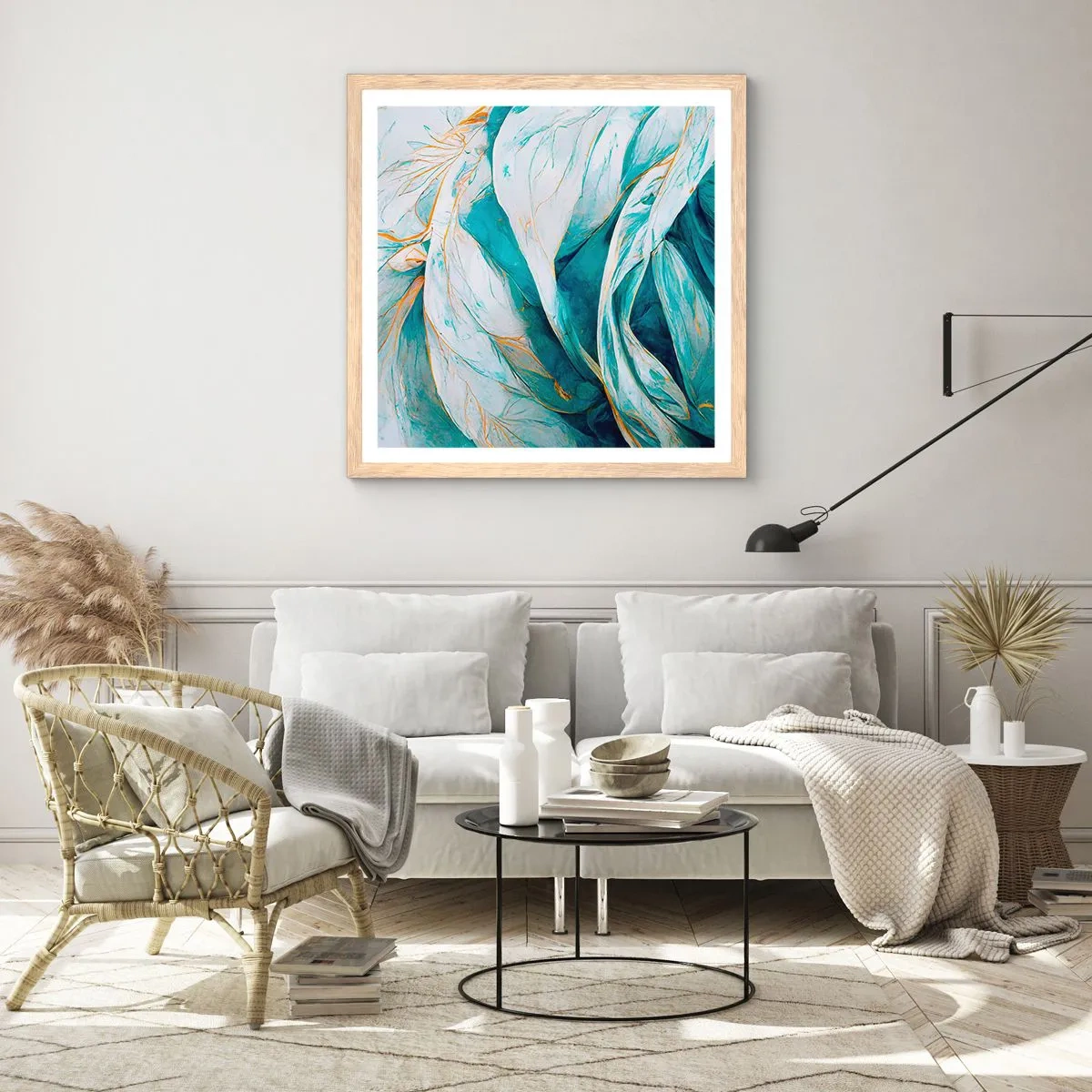 Affisch i ram av ljusek - Blå abstraktion med guldmotiv - 40x40 cm