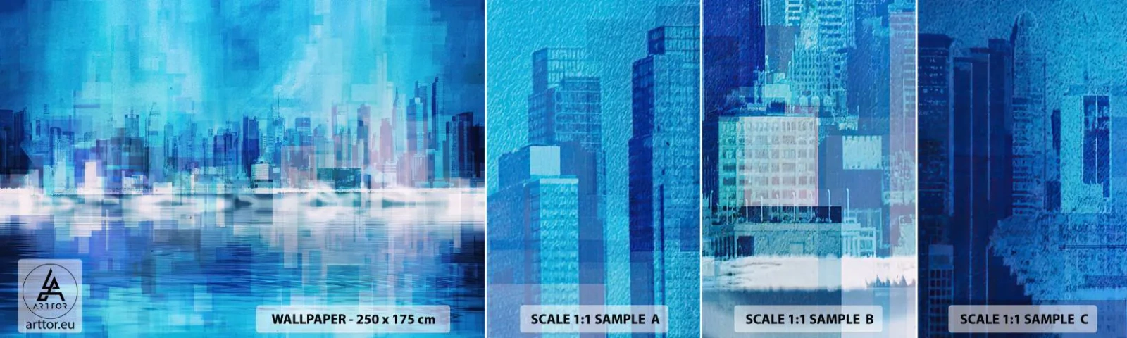 Provbit av självhäftande fototapet Deluxe Sticker - Försänkta i blått - Abstraktion, Stad, Arkitektur - 100x30 cm