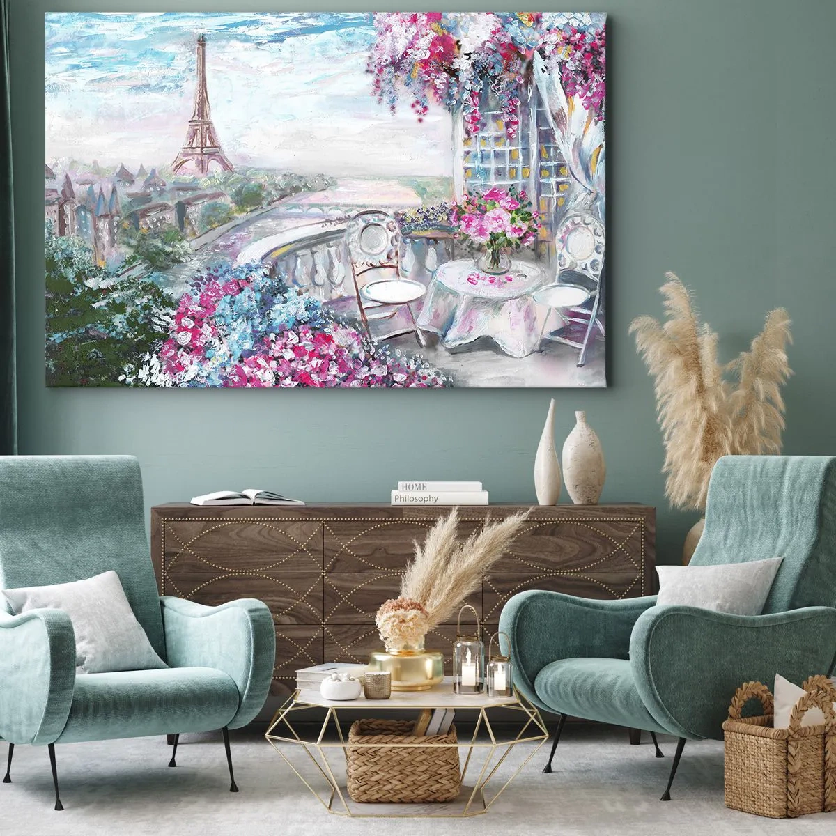 Canvastavla - Bild på duk - En romantisk utsikt över Paris med Eiffeltornet och en balkong full av blommor - 70x50cm - Här är vackrast i maj - Modern väggdekoration för vardagsrum och sovrum ARTTOR