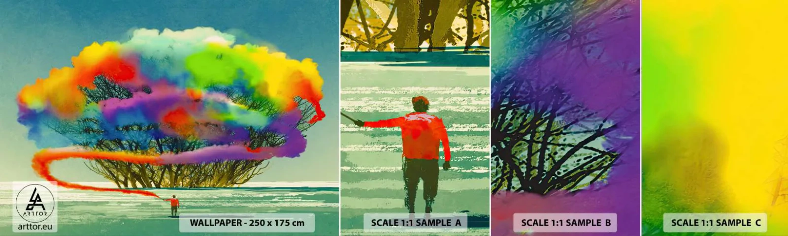 Provbit av självhäftande fototapet Deluxe Sticker - Liva upp världen - Abstraktion, Man, Modernt mönster - 100x30 cm