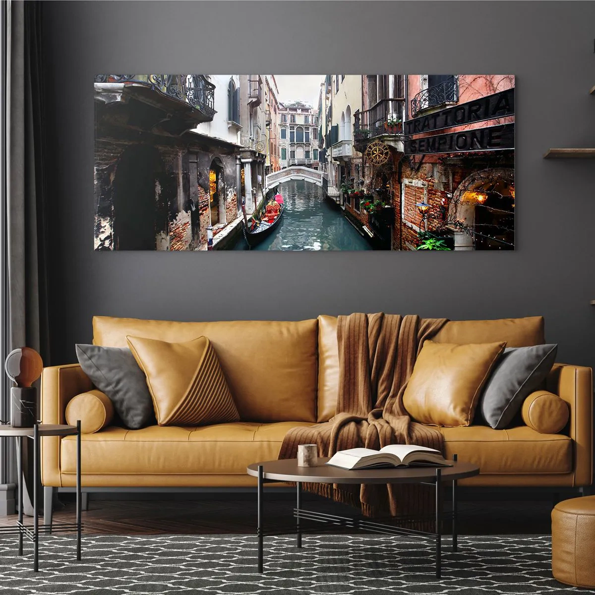 Glastavla - Bild på glas - Venedig-landskap med gondol och bro - 100x40 cm