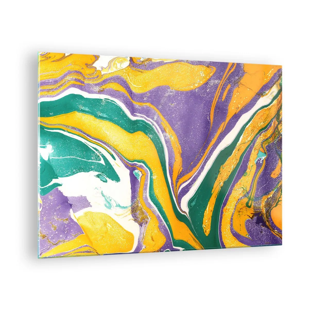 Glastavla - Bild på glas - Abstrakt vågmönster i gult, lila och grönt - 70x50cm - Färgvågor - Modern väggdekoration för vardagsrum och sovrum ARTTOR