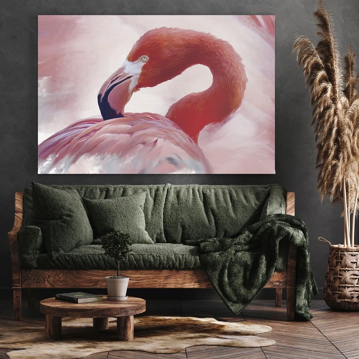 Canvastavla - Bild på duk - En flamingo i rosa toner mot en ljus bakgrund - 70x50cm - Fågelns skönhet - Modern väggdekoration för vardagsrum och sovrum ARTTOR