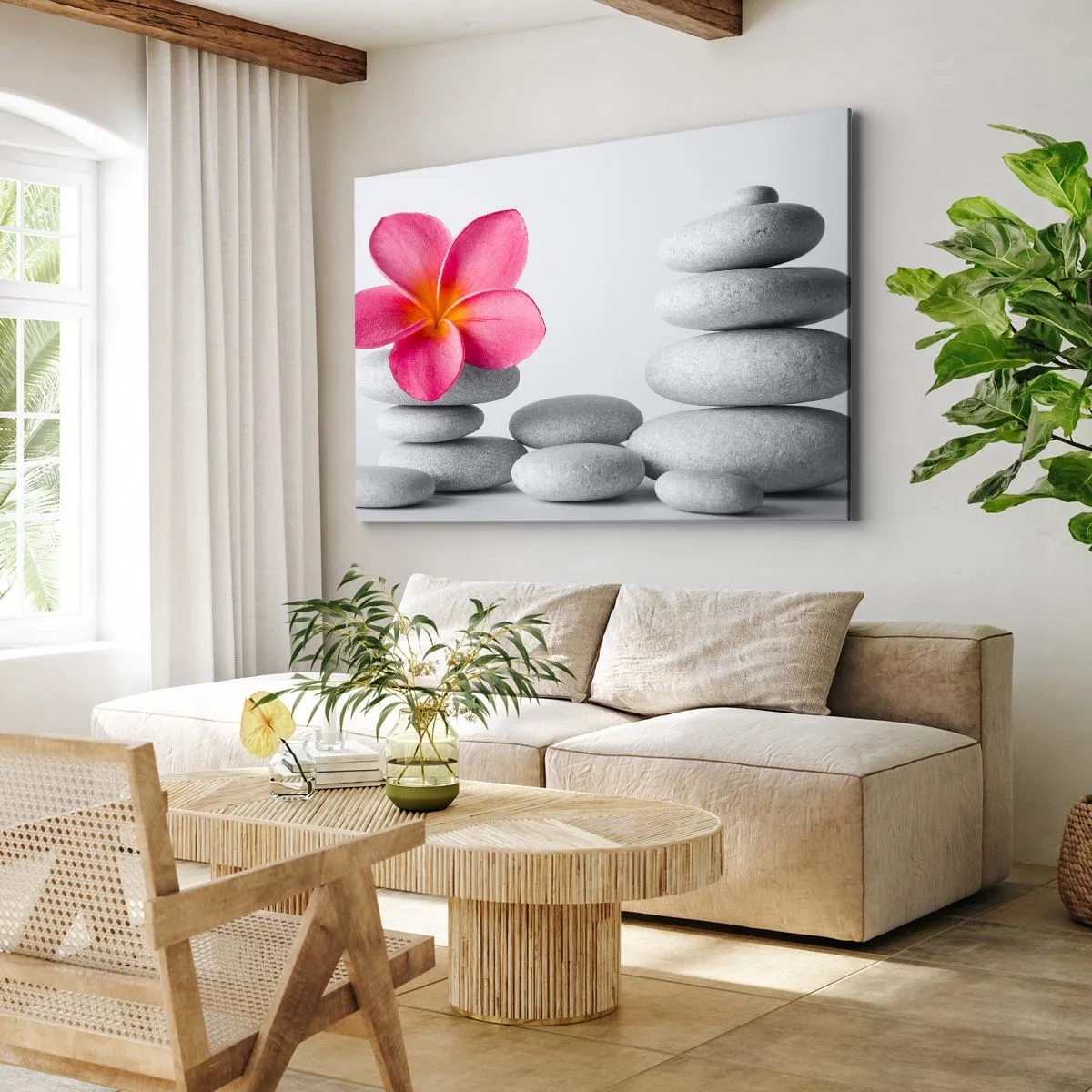 Canvastavla - Bild på duk - Rosa blomma på zen-stenar - 70x50cm - Sten på sten och på stenen... - Modern väggdekoration för vardagsrum och sovrum ARTTOR