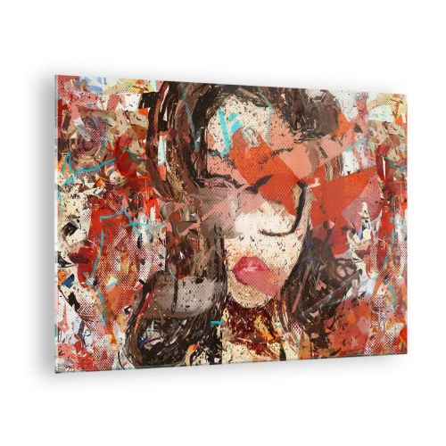Glastavla - Bild på glas - Abstrakt porträtt av en kvinna i nyanser av rött och beige - 70x50cm - Ingen vet på riktigt hurdan du är - Modern väggdekoration för vardagsrum och sovrum ARTTOR