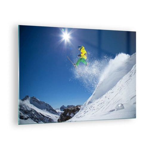 Glastavla - Bild på glas - En skidåkare i aktion mot bakgrund av snötäckta berg - 70x50cm - Dansar med fjällen - Modern väggdekoration för vardagsrum och sovrum ARTTOR
