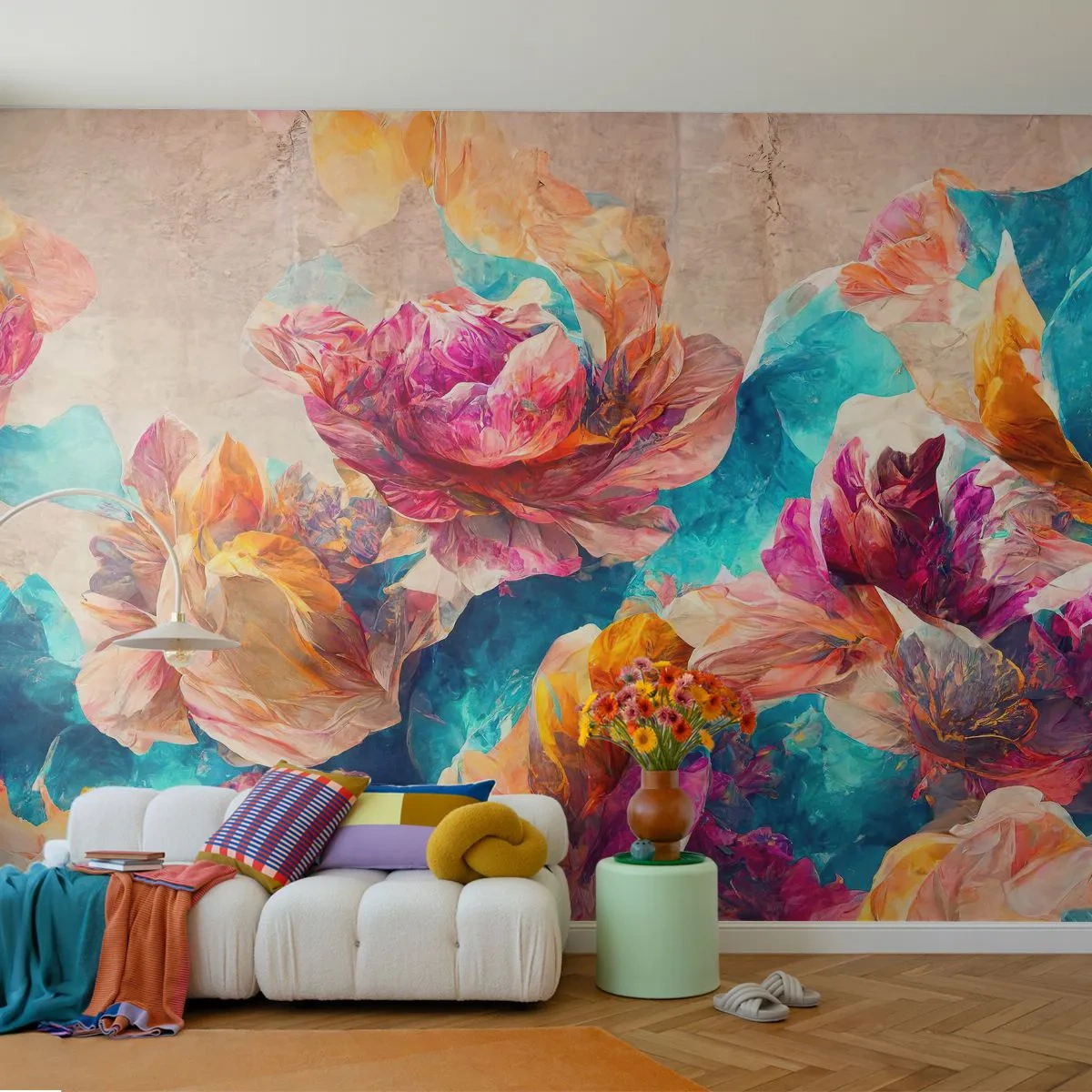 Fototapet Premium Canvas - Den färgsprakande prakten hos en bukett - Blommor, Pastell, Bit - 250x175 cm