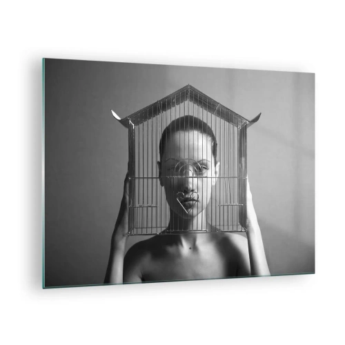 Glastavla - Bild på glas - Kvinna med en husformad bur i ansiktet i svartvitt - 70x50cm - Något surrealistisk porträtt - Modern väggdekoration för vardagsrum och sovrum ARTTOR