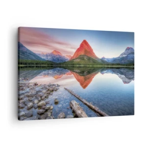 Canvastavla - Bild på duk - Ett berg reflekterat i en sjö vid solnedgången - 70x50cm - Glöd och kyla - Modern väggdekoration för vardagsrum och sovrum ARTTOR