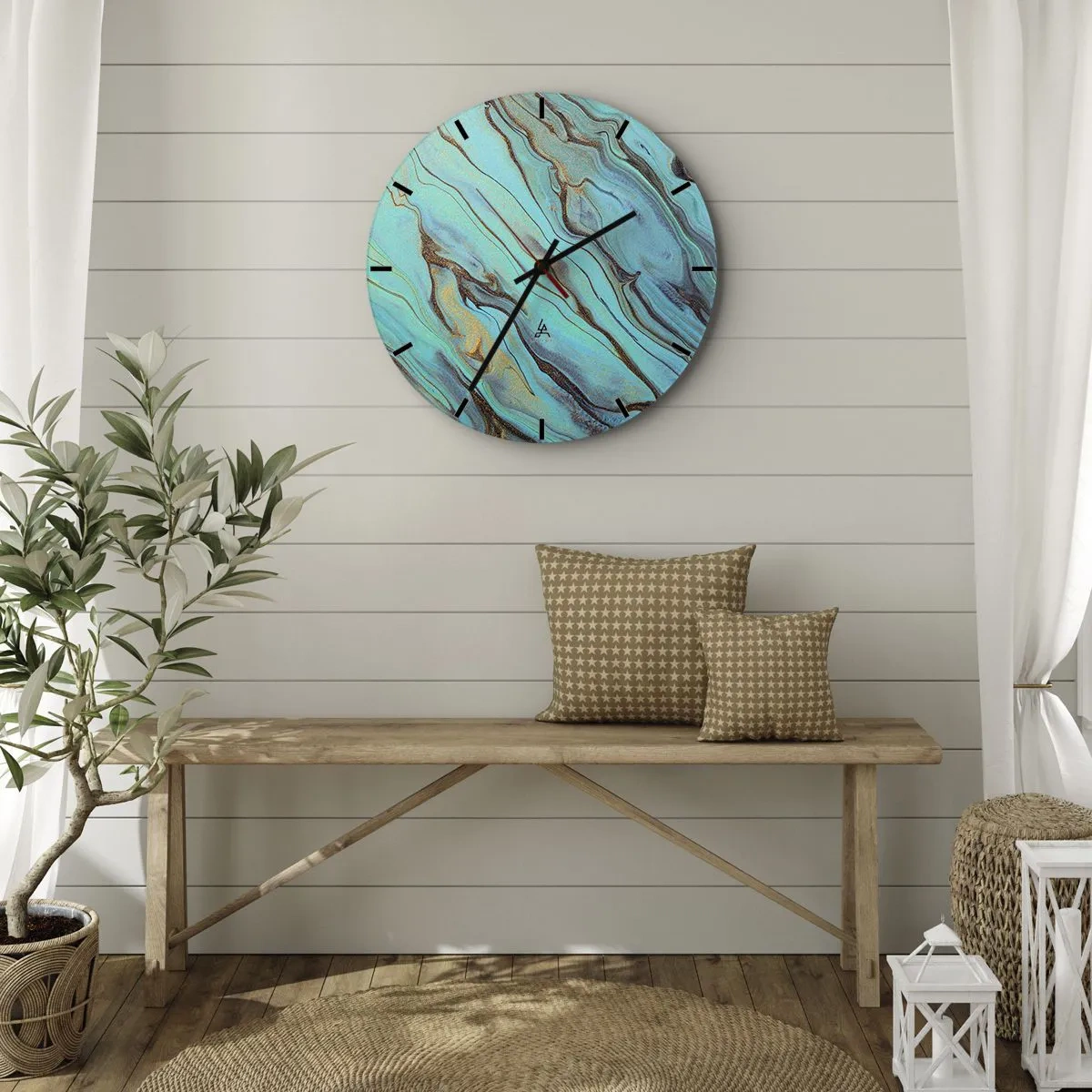 Väggklocka - Klocka på glas - Turkosa och guld marmorerade vågor - 30x30cm - Turkost tidvatten - Modern väggdekoration för vardagsrum, kök och sovrum ARTTOR