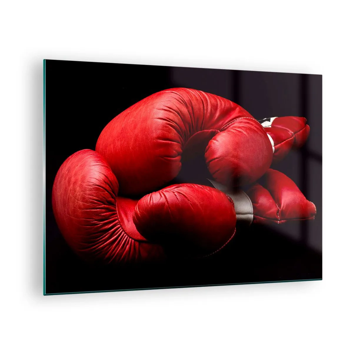 Glastavla - Bild på glas - Röda boxningshandskar på svart bakgrund - 70x50cm - Kampens emotioner bakom oss - Modern väggdekoration för vardagsrum och sovrum ARTTOR