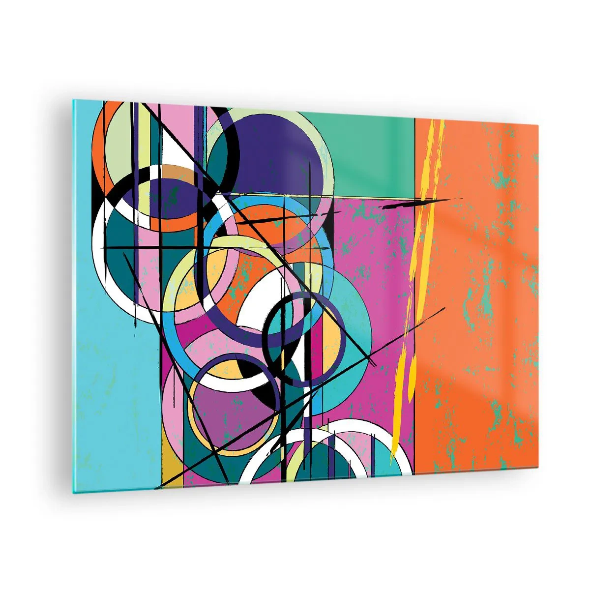 Glastavla - Bild på glas - Färgglad abstraktion med geometriska former och cirklar - 70x50cm - Hjul efter hjul - Modern väggdekoration för vardagsrum och sovrum ARTTOR