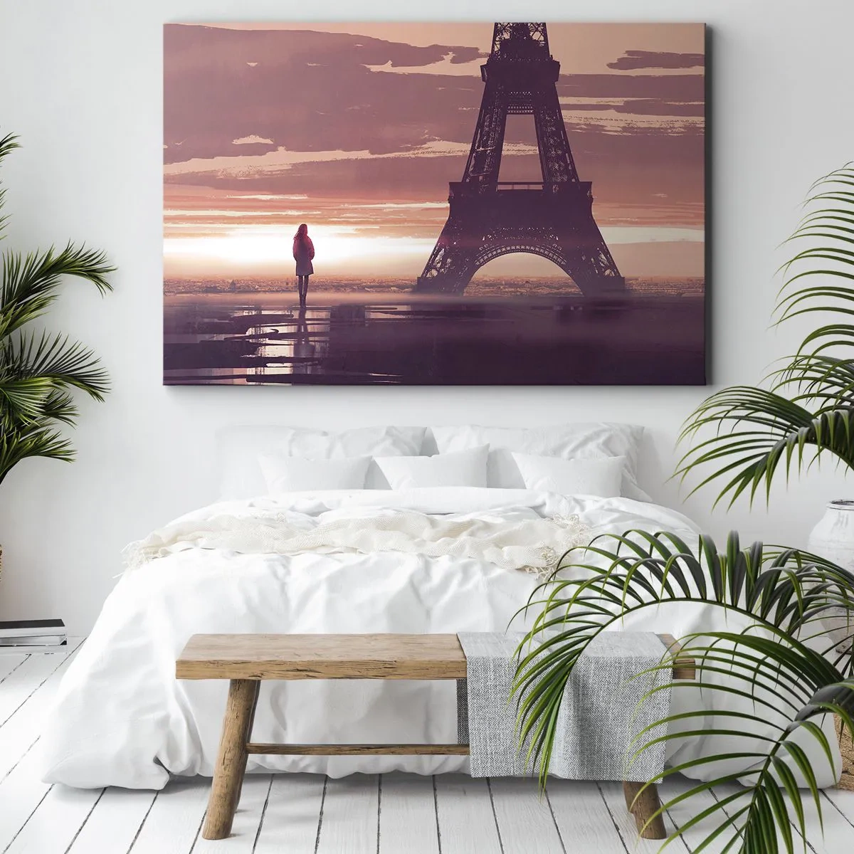 Canvastavla - Bild på duk - En figur som tittar på Eiffeltornet i ljuset av den nedgående solen - 70x50cm - Bara de två - Modern väggdekoration för vardagsrum och sovrum ARTTOR