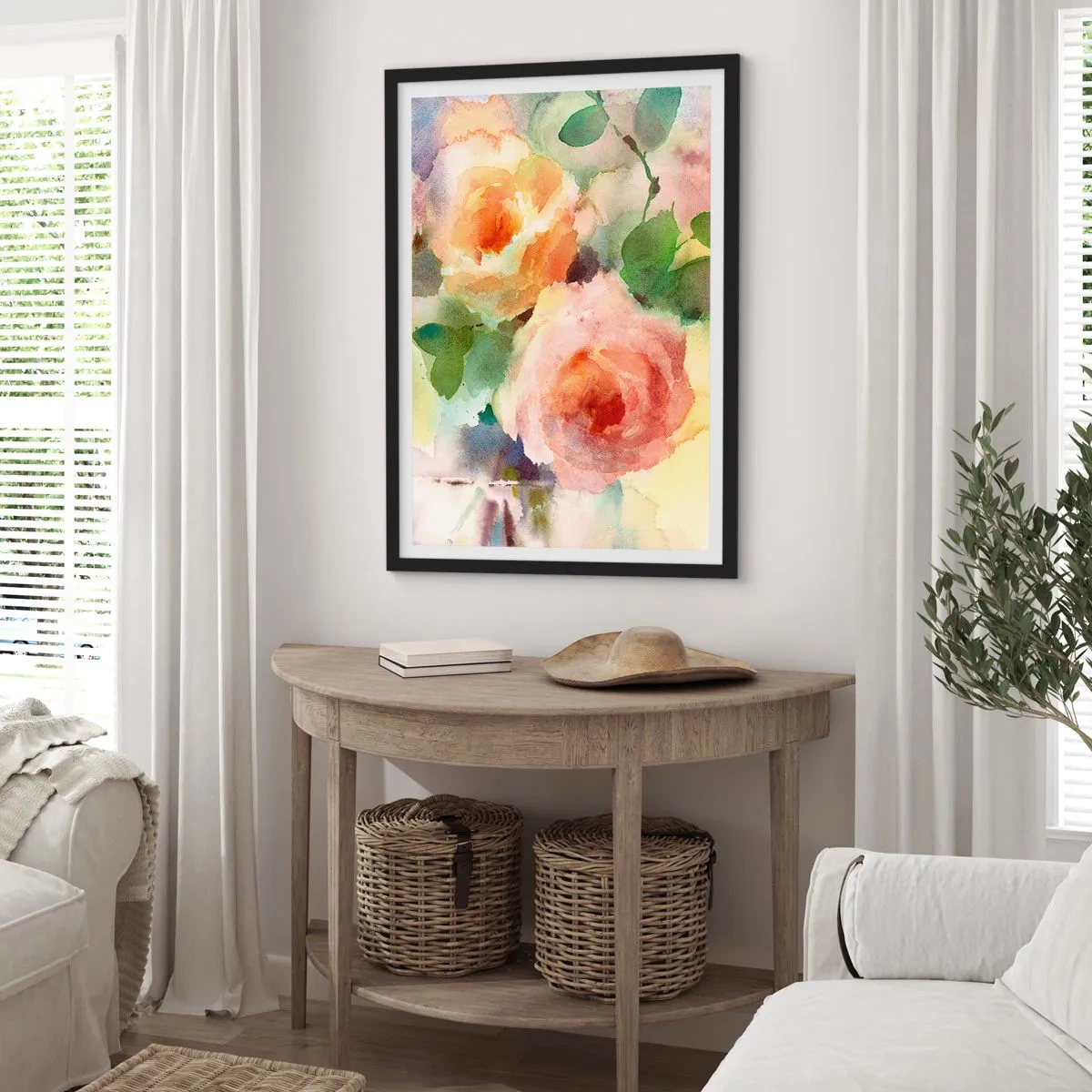 Affisch i svart ram - Akvarellblommor i pastellfärger - 50x70cm - Delikat som en akvarell - Modern väggdekoration för vardagsrum och sovrum ARTTOR