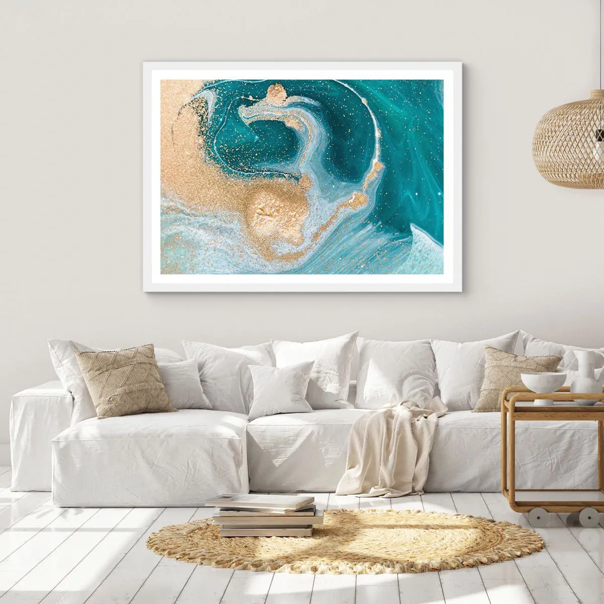 Affisch i vit ram - Guld- och turkosvirvel - 40x30 cm