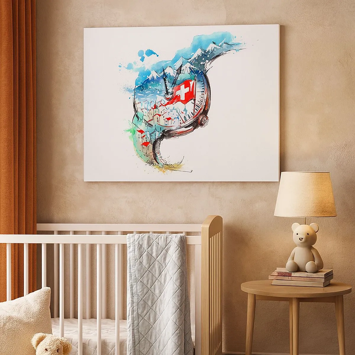 Canvastavla - Bild på duk - Ett akvarelllandskap av Schweiz i ett urverksmönster - 70x50cm - Schweiz anda - Modern väggdekoration för vardagsrum och sovrum ARTTOR