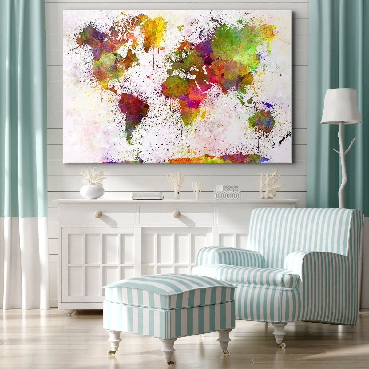Canvastavla - Bild på duk - En färgglad världskarta i abstrakt stil - 70x50cm - Det blev bara så - Modern väggdekoration för vardagsrum och sovrum ARTTOR