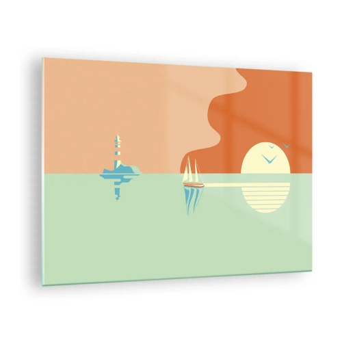 Glastavla - Bild på glas - En minimalistisk solnedgång med en segelbåt och en fyr - 70x50cm - Perfekt havslandskap - Modern väggdekoration för vardagsrum och sovrum ARTTOR