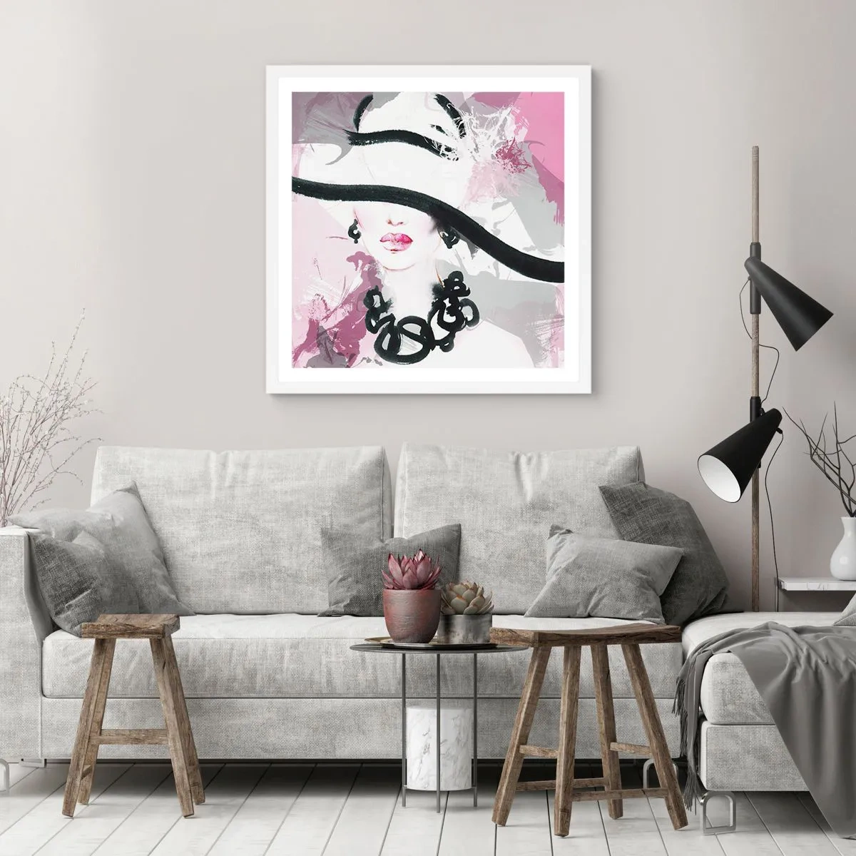 Affisch i vit ram - En damportätt i svart och rosa - 60x60 cm