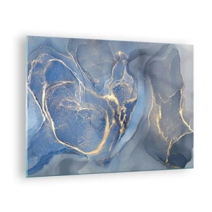 Glastavla - Bild på glas - En abstrakt komposition i nyanser av marinblått och guld - 70x50cm - Gulddamm - Modern väggdekoration för vardagsrum och sovrum ARTTOR