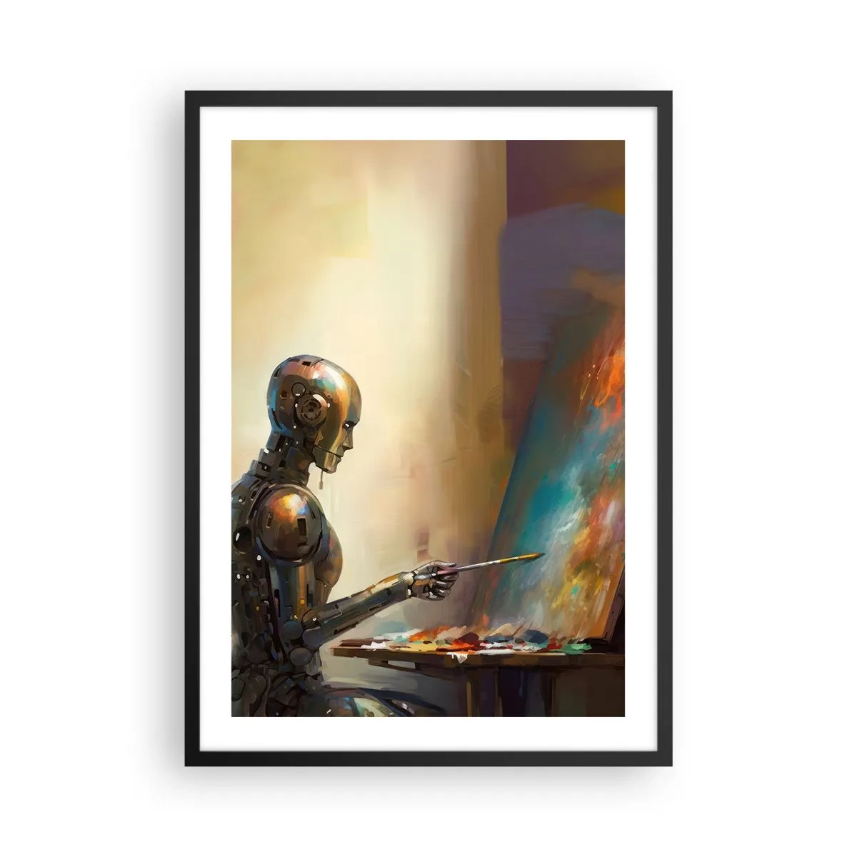 Affisch i svart ram - Robotmålare vid ett staffli i futuristisk stil - 50x70cm - Framtidens konst - Modern väggdekoration för vardagsrum och sovrum ARTTOR
