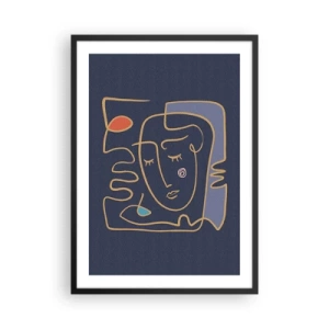 Affisch i svart ram - Minimalistiskt abstrakt ansikte på en marinblå bakgrund i linjekonststil - 50x70cm - I drömmarnas värld - Modern väggdekoration för vardagsrum och sovrum ARTTOR
