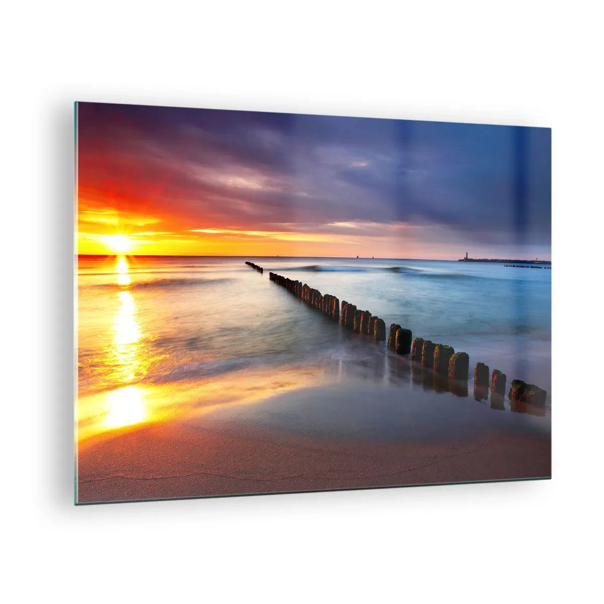 Glastavla - Bild på glas - Solnedgång över havet med trävågbrytare - 70x50cm - Lyssna på tystnaden - Modern väggdekoration för vardagsrum och sovrum ARTTOR