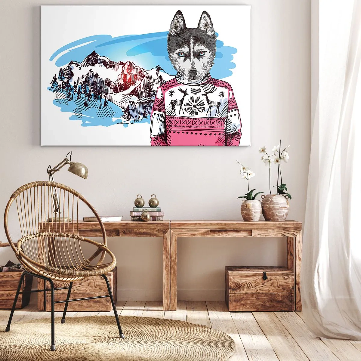 Canvastavla - Bild på duk - En varg i en vintertröja mot ett bergslandskap - 70x50cm - Varg i fårskinn - Modern väggdekoration för vardagsrum och sovrum ARTTOR