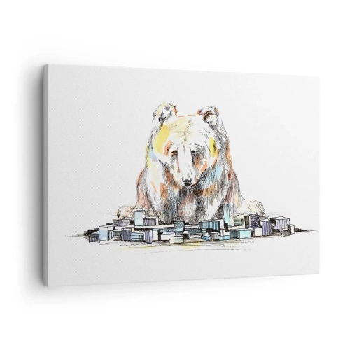 Canvastavla - Bild på duk - Illustration av en björn med färgglada detaljer och block - 70x50cm - Hur kan man leva på det viset? - Modern väggdekoration för vardagsrum och sovrum ARTTOR