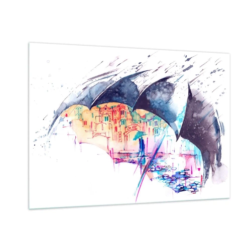 Glastavla - Bild på glas - Promenad i regnet - 100x70 cm