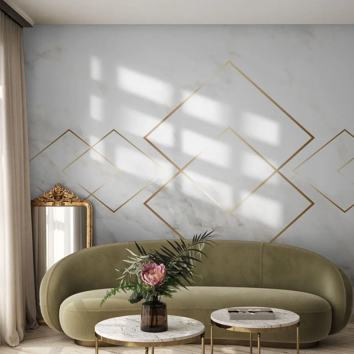 Fototapet Standard Eco - Vit marmorbakgrund med guld geometriska mönster - 100x70cm - Utsikt över oändlighet - Modern väggdekoration för vardagsrum och sovrum ARTTOR