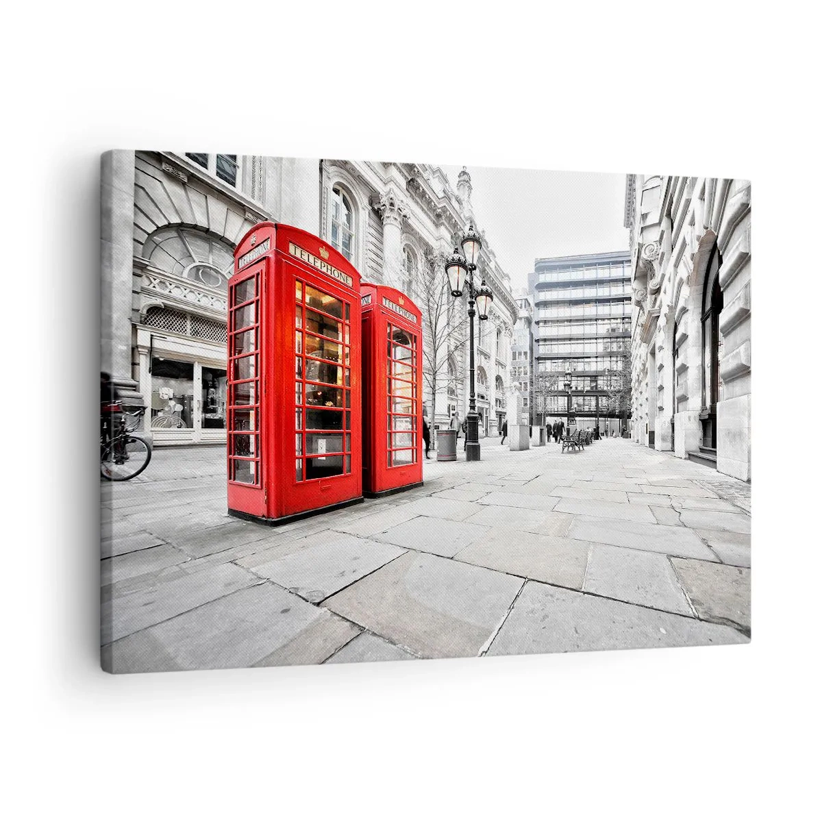 Canvastavla - Bild på duk - Röda telefonkiosker mot bakgrund av det urbana landskapet - 70x50cm - Welcome to London - Modern väggdekoration för vardagsrum och sovrum ARTTOR