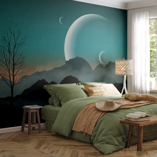 Fototapet Standard Eco - Ett fantastiskt landskap med månar över ett bergslandskap - 100x70cm - Stjärniga nattens karneval - Modern väggdekoration för vardagsrum och sovrum ARTTOR