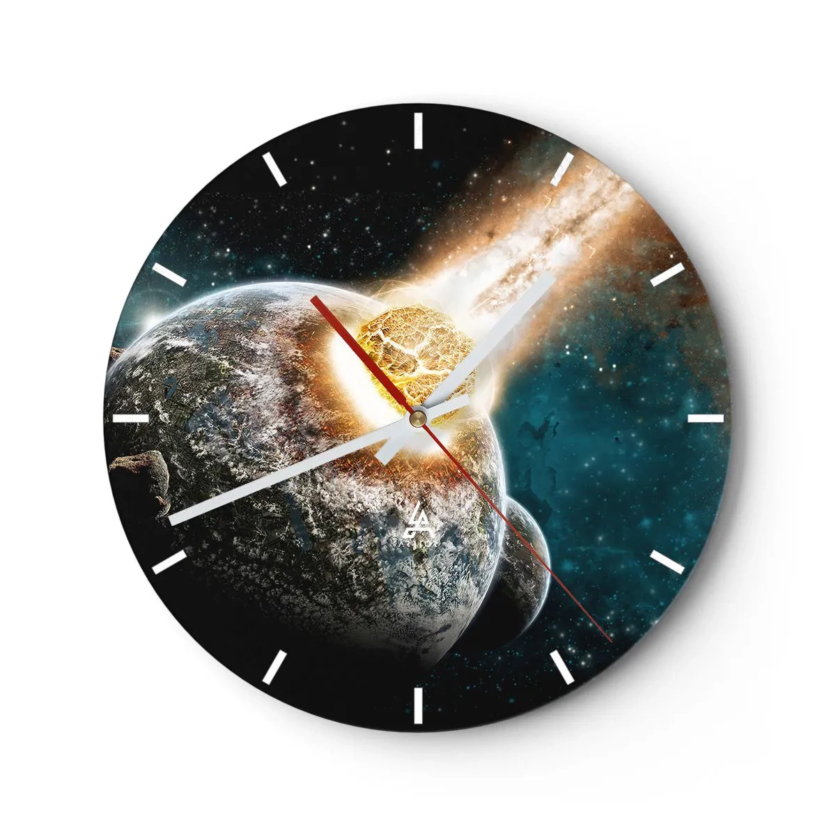 Väggklocka - Klocka på glas - Jorden och meteoriten i kosmisk explosion - 30x30cm - Förödelse eller födsel? - Modern väggdekoration för vardagsrum, kök och sovrum ARTTOR
