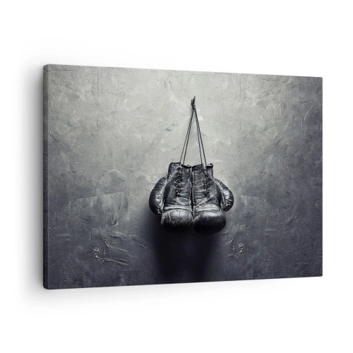 Canvastavla - Bild på duk - Gamla boxningshandskar mot väggen - 70x50cm - Stridens tid och fredens tid - Modern väggdekoration för vardagsrum och sovrum ARTTOR