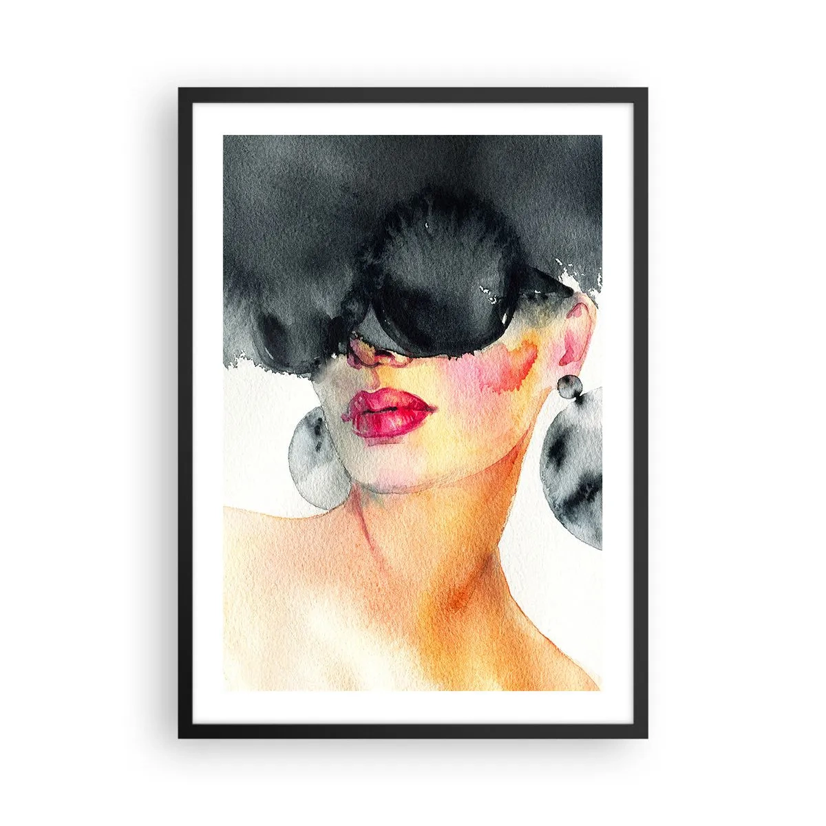 Affisch i svart ram - Akvarellporträtt av en kvinna som bär stora örhängen och en svart mask. - 50x70cm - Elegansens hemlighet - Modern väggdekoration för vardagsrum och sovrum ARTTOR
