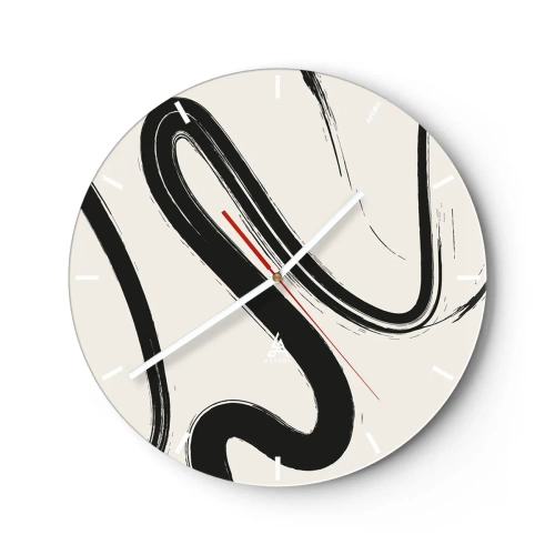 Väggklocka - Klocka på glas - Dynamiska svarta penseldrag mot en ljus bakgrund - 30x30cm - Svart och vit elegans - Modern väggdekoration för vardagsrum, kök och sovrum ARTTOR